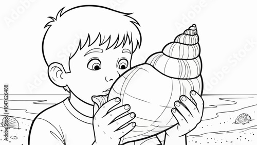 Coloring book - Young boy listening to seashell by the beach with a curious expression  
