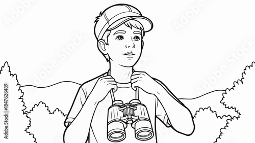 Coloring book - Young boy exploring nature with binoculars in the forest  