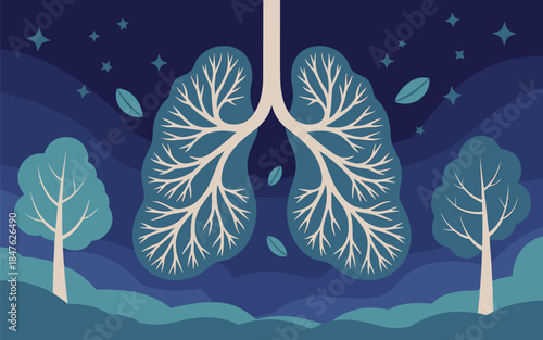 Illustration of lungs surrounded by trees under a starry night sky