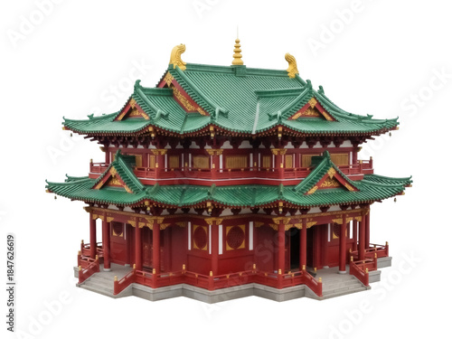 Isolated Chinese historic pagoda structure with green roofs on a transparent background