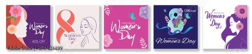 Set of 8 March Women’s Day Celebration Social Media Posts Banner Ads Template Pack with Square Flyer Poster Web Banners bundle Female Face Silhouette Floral Vector Backgrounds collection