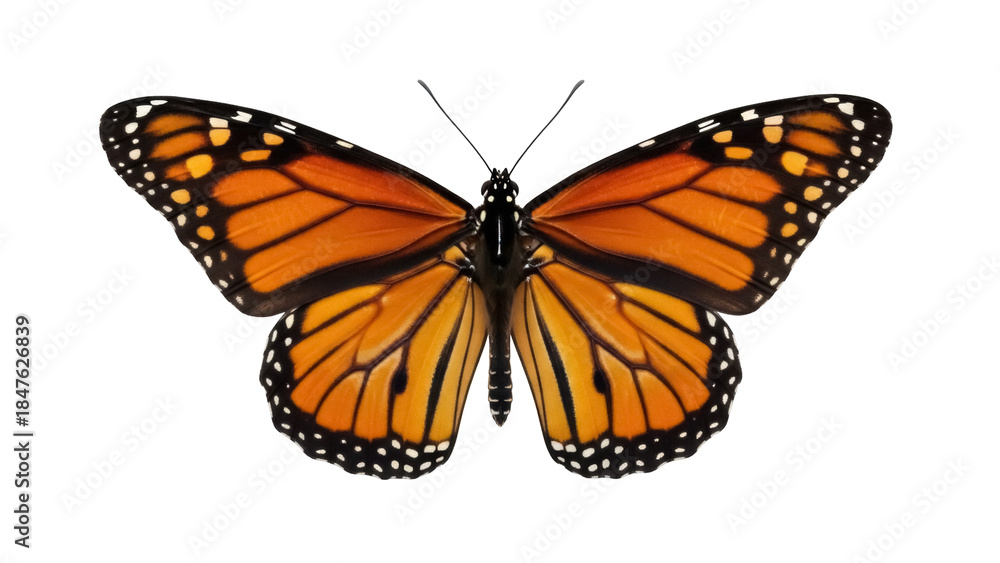 Fototapeta premium Isolated Monarch Butterfly facing camera with wings open orange black beautiful isolated
