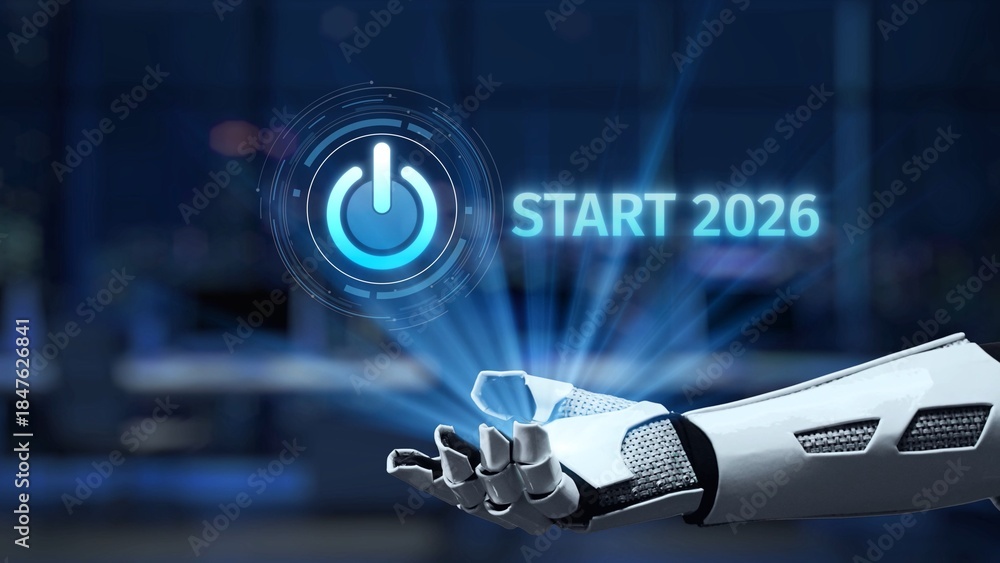 Obraz premium A futuristic robotic hand extends towards a glowing power button hologram, symbolizing innovation and technology for the year 2026 in a modern digital setting. Synapse