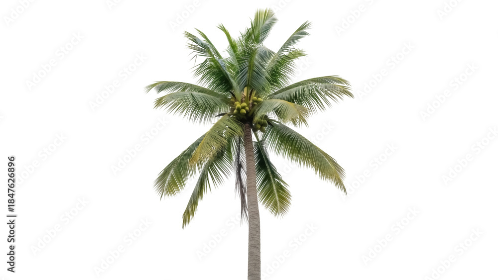Obraz premium Isolated Coconut Palm Tree with Green Coconuts against Clear Sky, Tropical Island Vibe