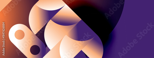 Abstract shapes blend orange, purple hues. Smooth gradients create dynamic composition. Modern design evokes fluidity, energy.
