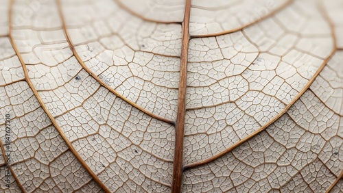 An extreme macro shot of a dried leaf skeleton, showcasing an intricate network of fine veins. The image features a neutral palette of cream and earthy brown, emphasizing the delicate.