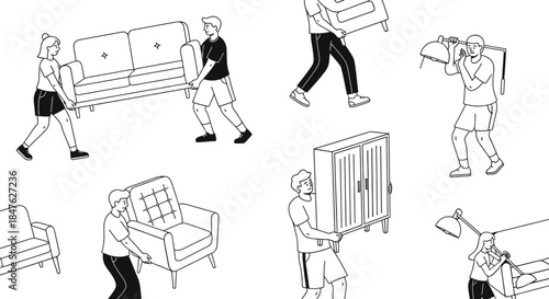 People moving furniture in a colorful illustration