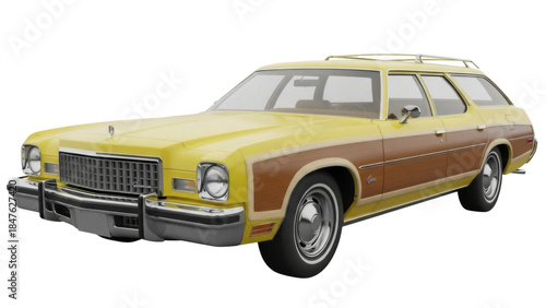 Billede på lærred Isolated 1970s American station wagon, side view showing woodgrain paneling, veh