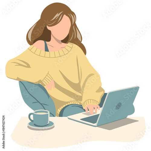 Woman Use Laptop at Home Illustration.