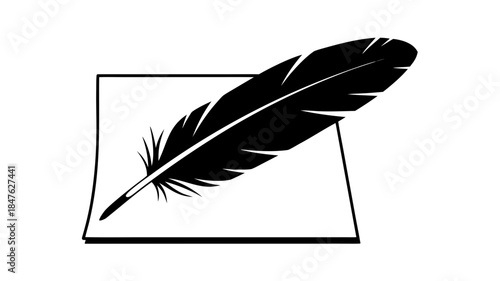 A single black quill pen vector illustration features a delicate bird feather and inkwell for calligraphy, creating a light nature-inspired symbol of literature and art isolated on white