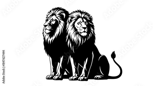 A powerful black and white tribal tattoo illustration of a wild lion and tiger head vector featuring a bold feline mascot design and a silhouette of a big cat mammal face