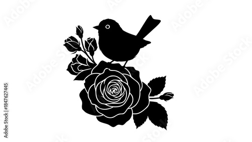 Black silhouette of a rose and a cute bullfinch bird vector illustration perched on a winter tree branch in a minimalist nature art drawing