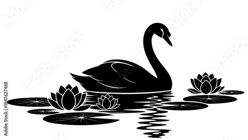 A graceful black swan wildlife illustration featuring a silhouette of two birds on a lake, creating a nature-inspired vector art design with a heart symbol and elegant wing details