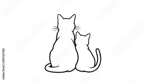 Cheerful vector illustration of a cute black and white cartoon cat character with a funny tail and artistic sketch details for a fun domestic pet feline drawing