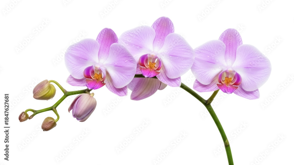 Fototapeta premium Isolated Flowering Lavender Moth Orchids Blooming With Buds Displayed Against a Light Surface