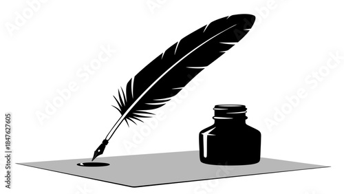 Vintage quill pen and plume feather isolated on white background with an antique inkwell bottle for calligraphy writing and literature illustration