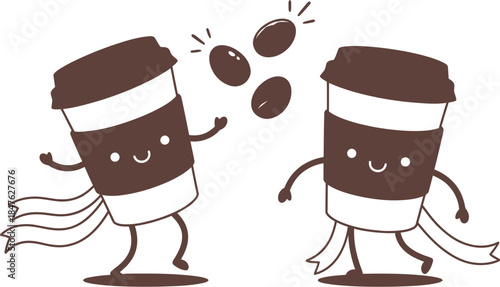 Two cheerful coffee cups playfully dancing with coffee beans