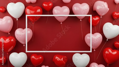 Romantic heart balloons in red, pink, and white hues, playfully framing a central copy space on a vibrant crimson background, perfect for heartfelt messages and festive celebrations
