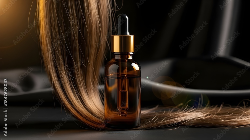 Naklejka premium An amber dropper bottle standing next to a glossy lock of blonde hair on a dark, elegant background.