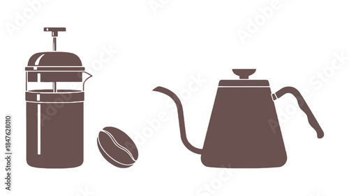 Brown coffee maker and kettle with coffee bean