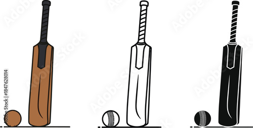 Cricket bats and balls in colorful illustration styles for sports design