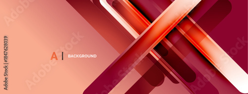 Abstract design features dynamic red, orange gradients. Geometric shapes intersect creating modern visual impact. Background suitable for banners, presentations.