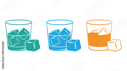 Colorful glasses with ice cubes in modern setting