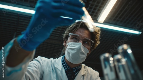 A scientist in protective gear works in a laboratory. They hold a pipette and observe several test tubes. The lab is filled with equipment for scientific research