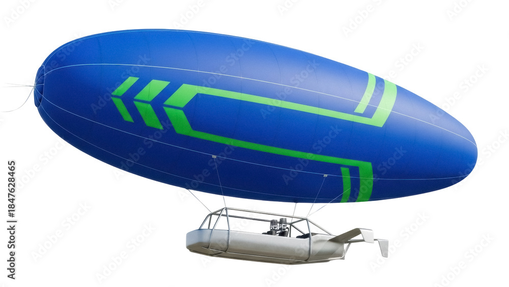 Naklejka premium Isolated blue airship blimp with green design, aerial transportation, sky vehicle, dirigible