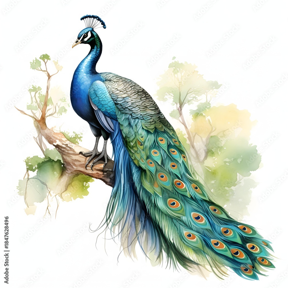 Obraz premium Elegant peacock perches gracefully on a branch in watercolor style