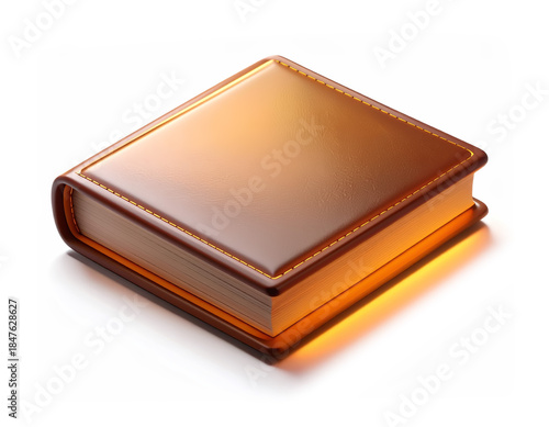 Closed brown leather book with stitched edges emitting a warm glowing light from its pages, evoking magic, mystery, knowledge, and enchanted storytelling.
