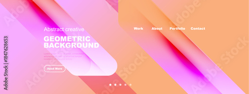 Abstract geometric design. Vibrant pink, orange hues blend. Text overlays promote work, portfolio, contact details. Modern aesthetic.