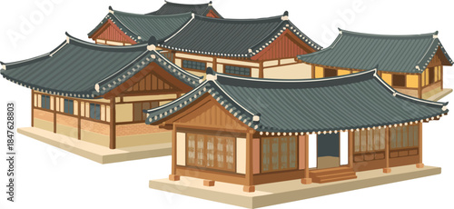 Traditional Korean hanok houses with tiled roofs set against transparent background architectural elements