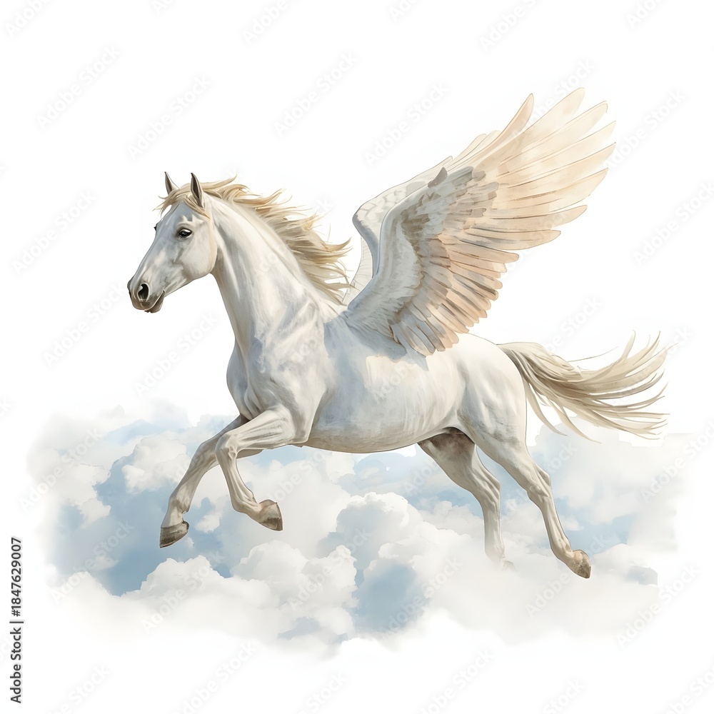 Fototapeta premium Pegasus gracefully soars through the clouds, wings spread wide