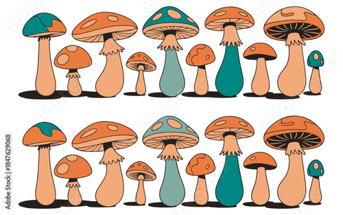 Retro groovy mushrooms with various colors on isolated white background
