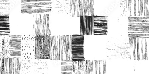Black and white abstract pattern with varied line textures and geometric blocks