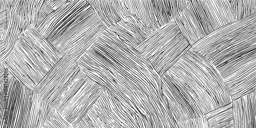 Abstract black and white pattern of overlapping curved and straight lines forming geometric shapes