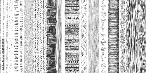 Collection of black and white hand drawn textured patterns and stripes