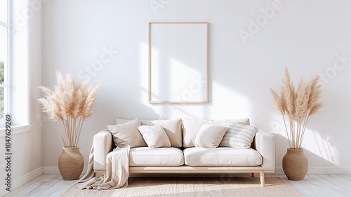 Minimal clean modern Scandinavian style living room with this wooden frame poster perfect for mockups on beige wall, natural sunlight, pampas grass and white sofa