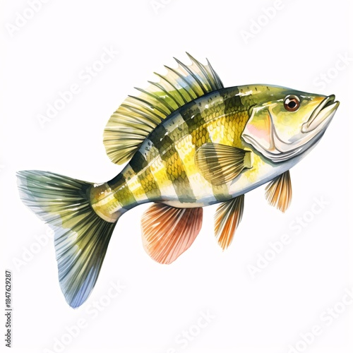 Striking yellow perch illustration with detailed fins and scales against a white background
