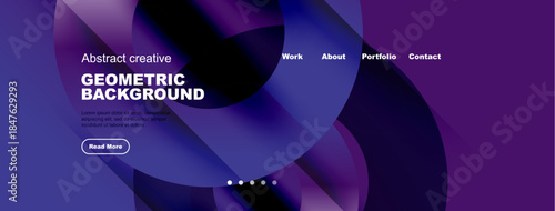 Abstract website header design. Purple fluid shapes, text overlay, navigation menu present. Simple, modern aesthetic.