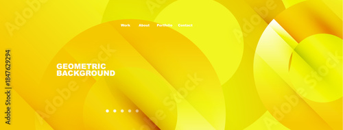 Abstract yellow design features overlapping shapes. Minimalist header includes navigation options work, about, portfolio, contact. Modern geometric background.