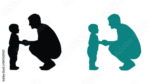 Father helping toddler walk in silhouette illustration