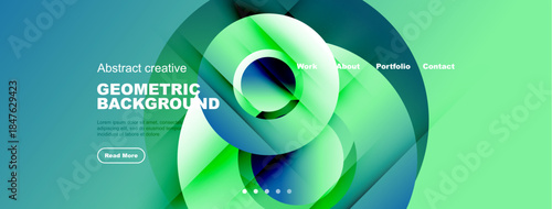 Modern website header design. Abstract shapes, vibrant colors, text overlays, navigation menu present. Clean, professional aesthetic.