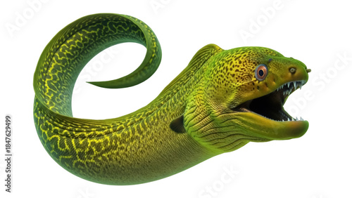 Isolated ferocious green moray eel with open mouth displaying sharp teeth on display