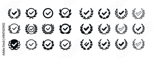 Collection of checkmark laurel icons in various styles and shape