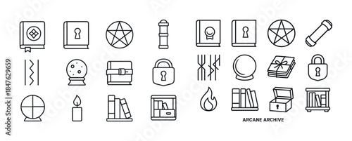 Mystical icons: magic books, crystal balls, and lock symbols in