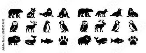 Black silhouette icons of various animals and wildlife creatures