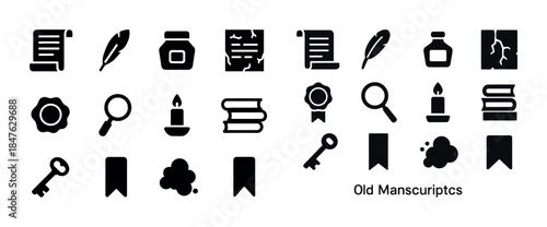 Vintage document icons featuring scrolls, quill, ink pot, and bo