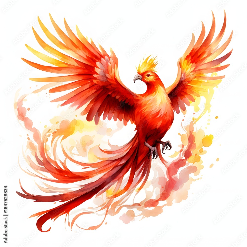 Obraz premium Majestic phoenix soars with vibrant watercolor feathers in a captivating display